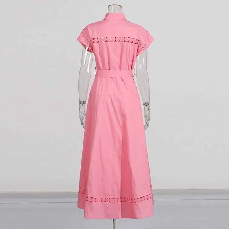 Collared Short Sleeve Hollow Out Midi Dress With Belt