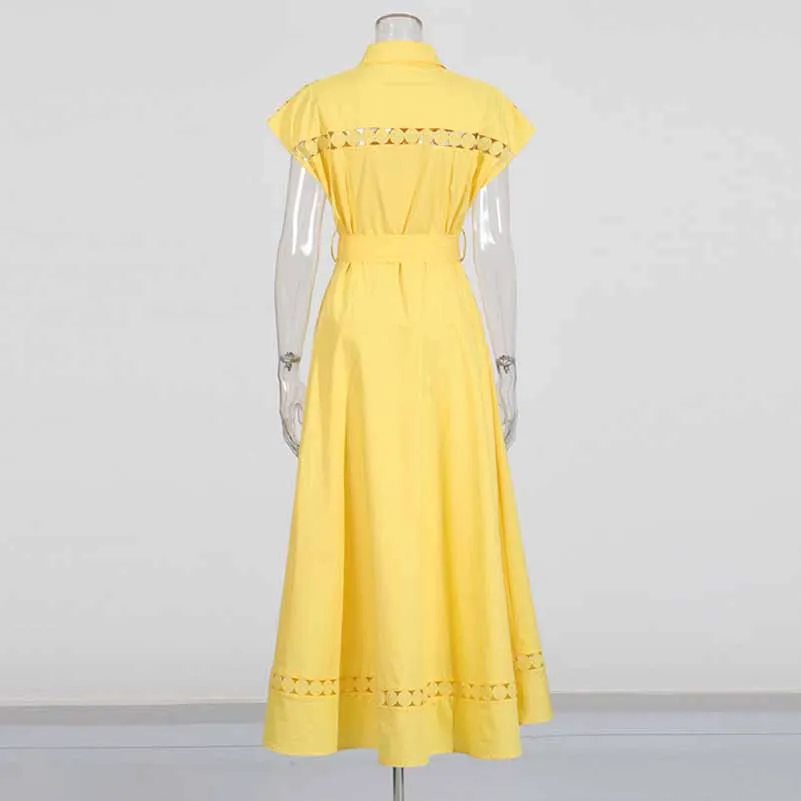 Collared Short Sleeve Hollow Out Midi Dress With Belt