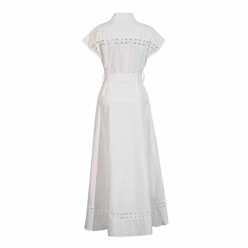 Collared Short Sleeve Hollow Out Midi Dress With Belt