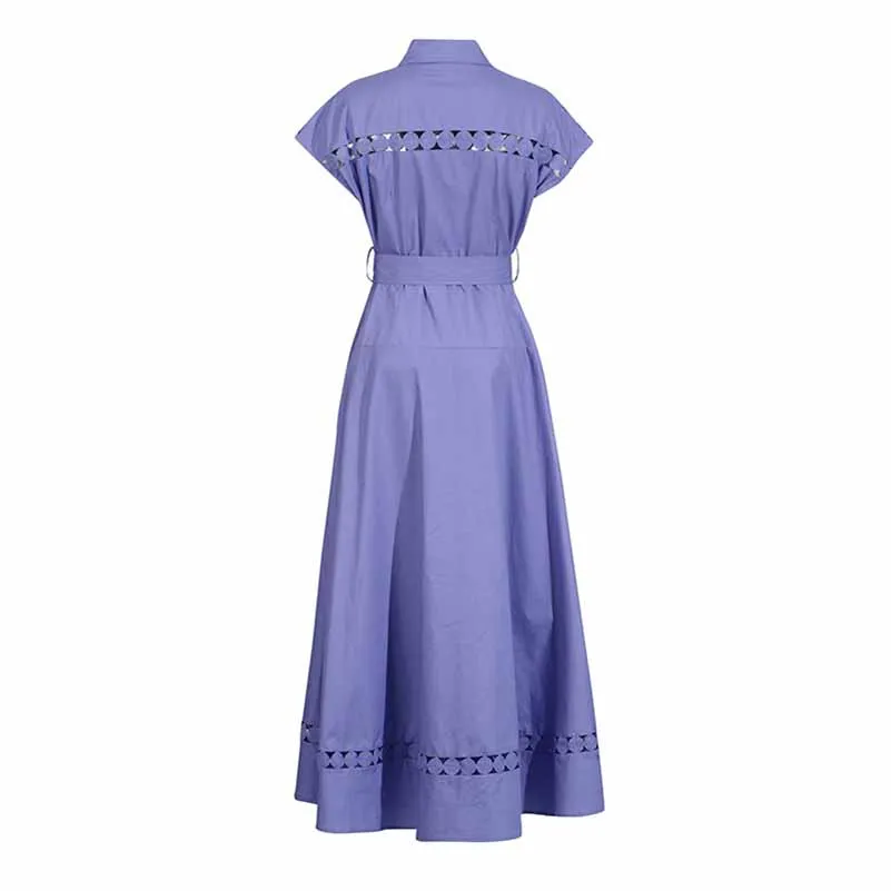 Collared Short Sleeve Hollow Out Midi Dress With Belt