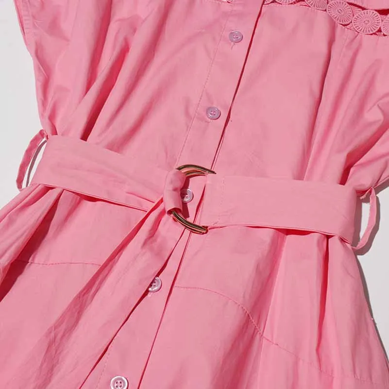 Collared Short Sleeve Hollow Out Midi Dress With Belt