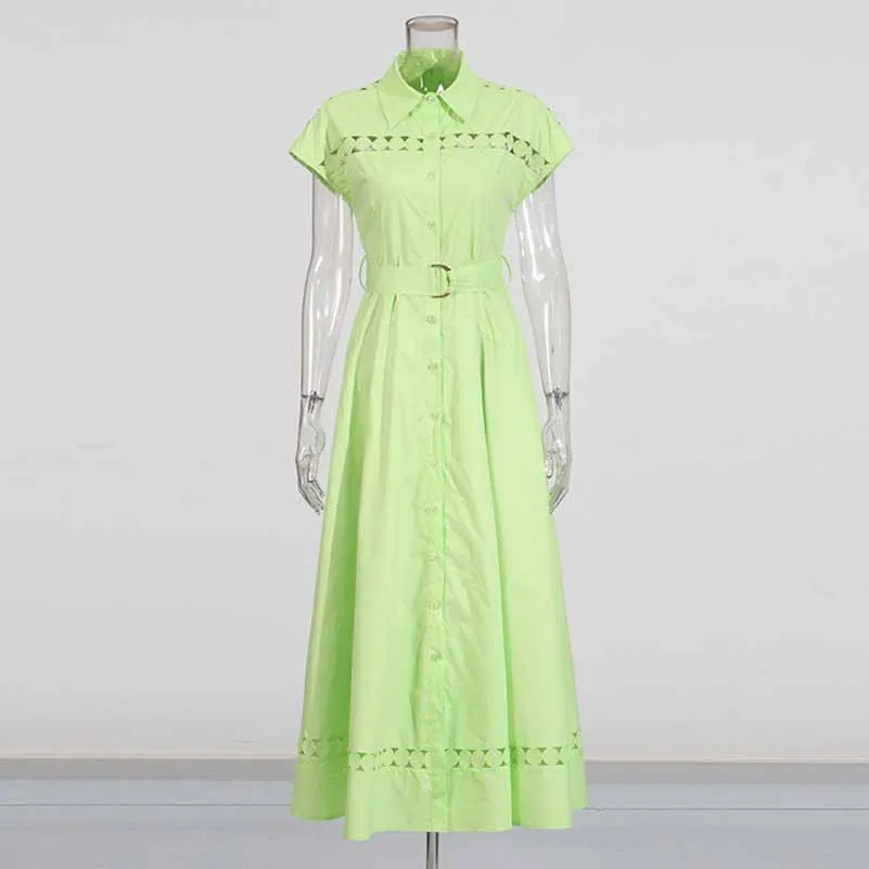 Collared Short Sleeve Hollow Out Midi Dress With Belt