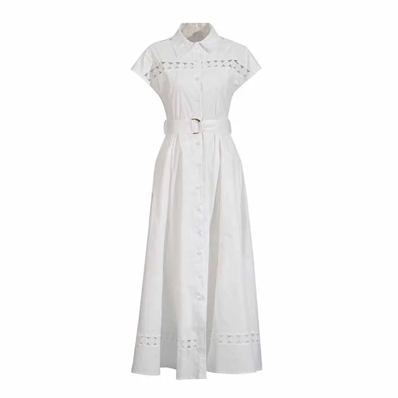 Collared Short Sleeve Hollow Out Midi Dress With Belt