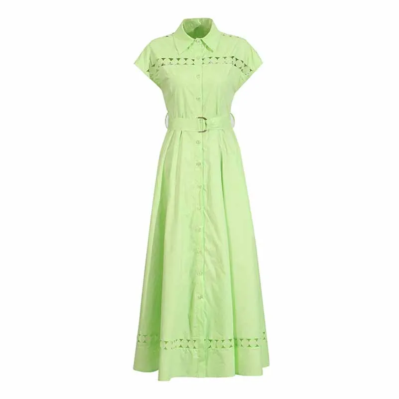 Collared Short Sleeve Hollow Out Midi Dress With Belt