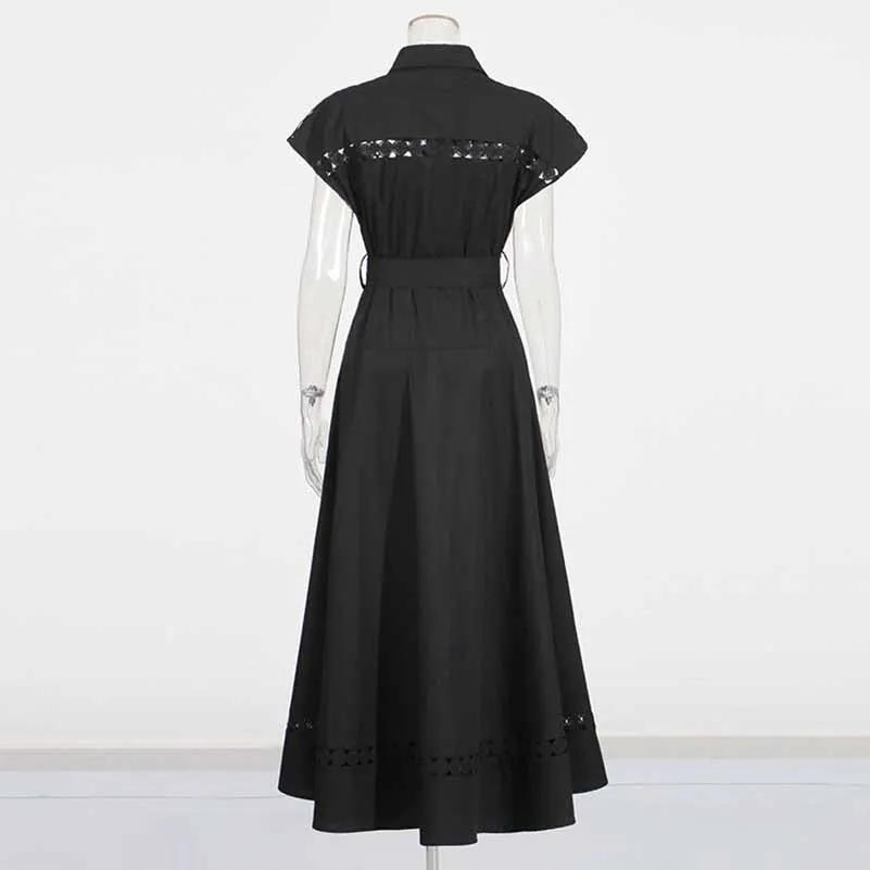 Collared Short Sleeve Hollow Out Midi Dress With Belt