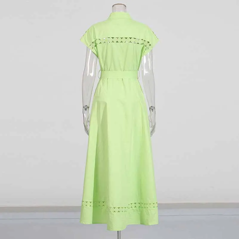 Collared Short Sleeve Hollow Out Midi Dress With Belt