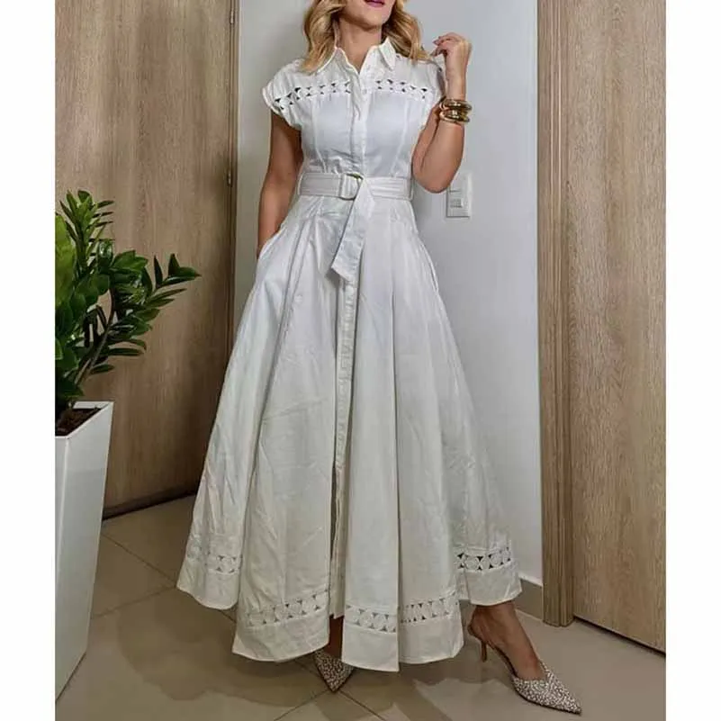 Collared Short Sleeve Hollow Out Midi Dress With Belt
