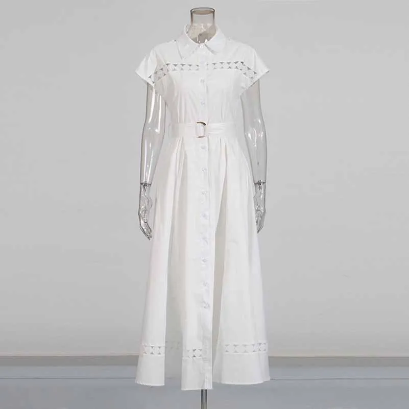 Collared Short Sleeve Hollow Out Midi Dress With Belt
