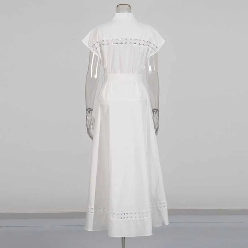 Collared Short Sleeve Hollow Out Midi Dress With Belt