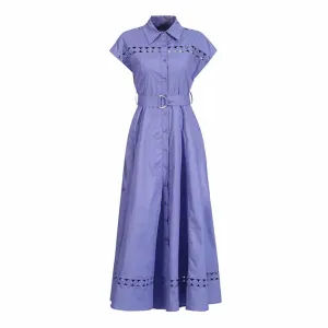 Collared Short Sleeve Hollow Out Midi Dress With Belt