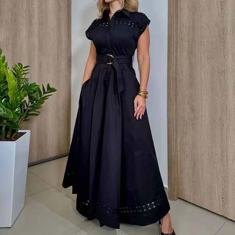 Collared Short Sleeve Hollow Out Midi Dress With Belt