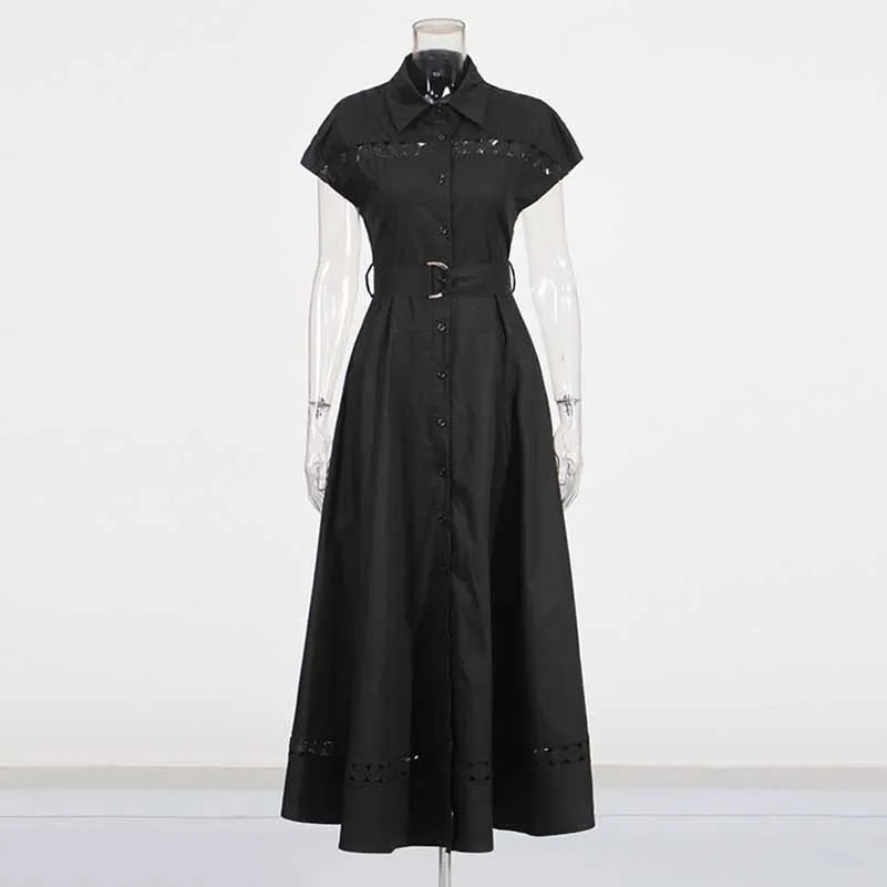 Collared Short Sleeve Hollow Out Midi Dress With Belt