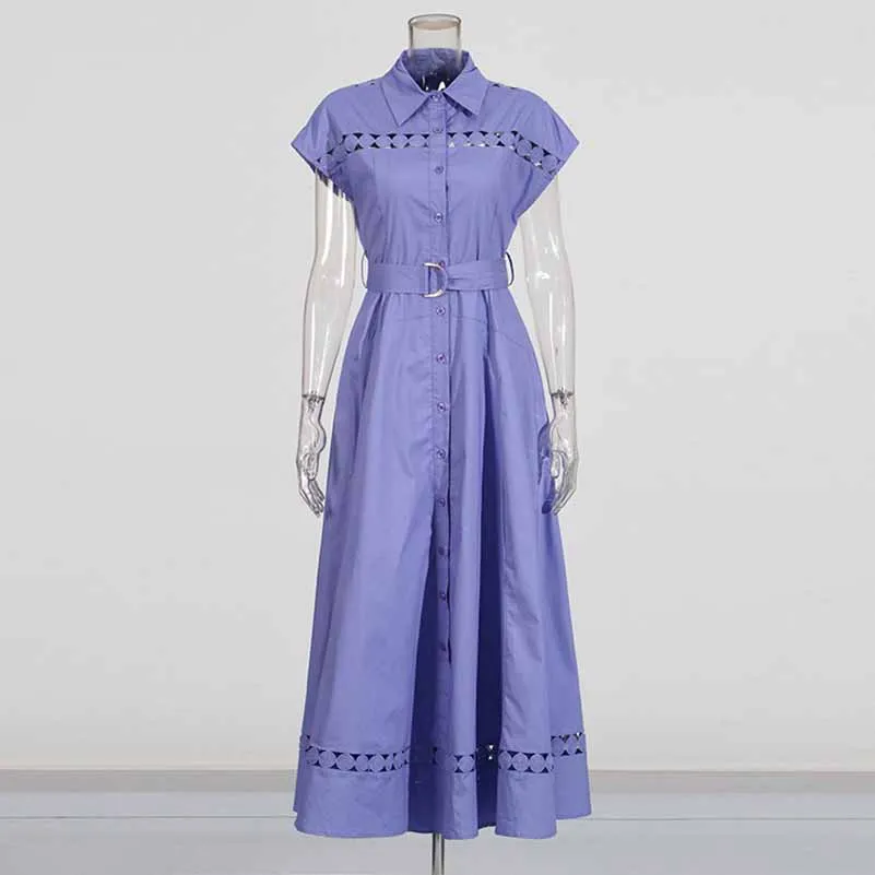 Collared Short Sleeve Hollow Out Midi Dress With Belt