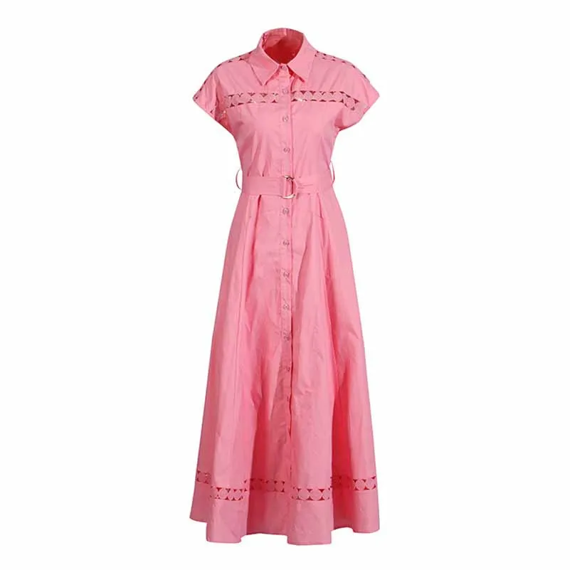 Collared Short Sleeve Hollow Out Midi Dress With Belt