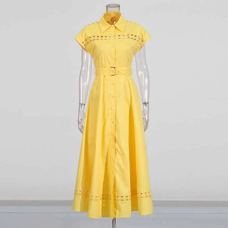 Collared Short Sleeve Hollow Out Midi Dress With Belt