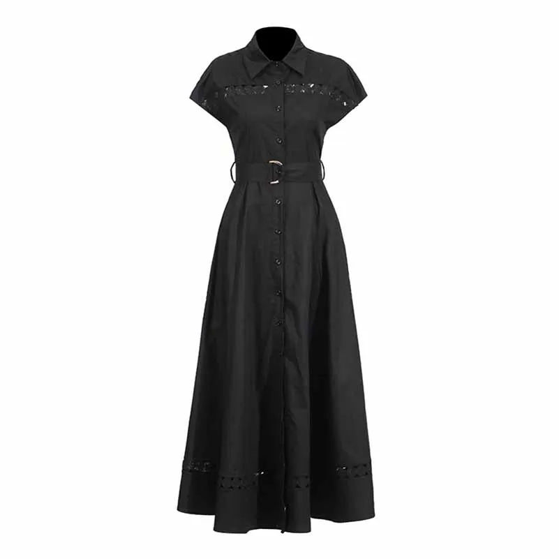 Collared Short Sleeve Hollow Out Midi Dress With Belt