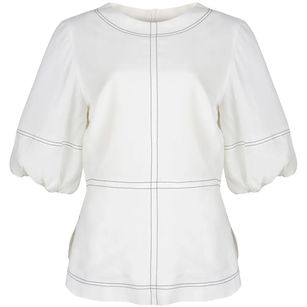 Contrast Topstitching Balloon Sleeved Top