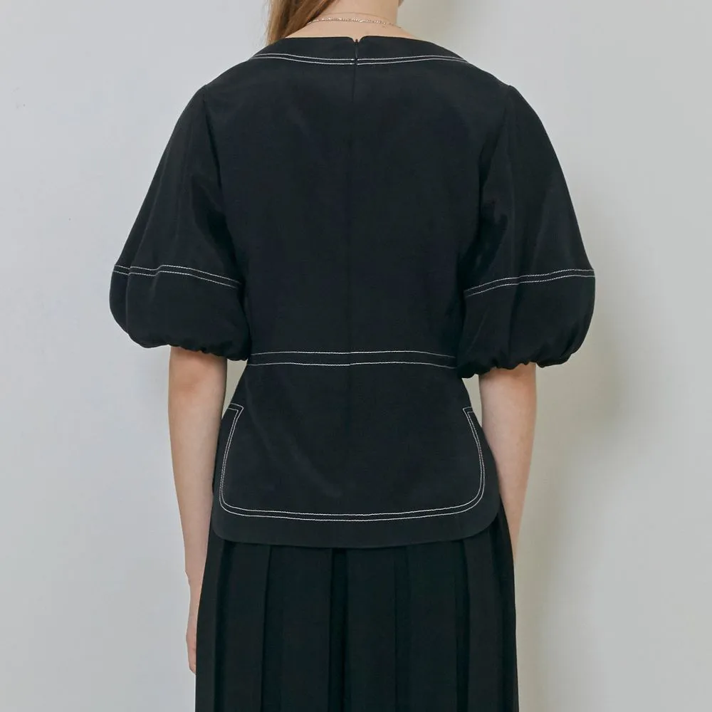Contrast Topstitching Balloon Sleeved Top