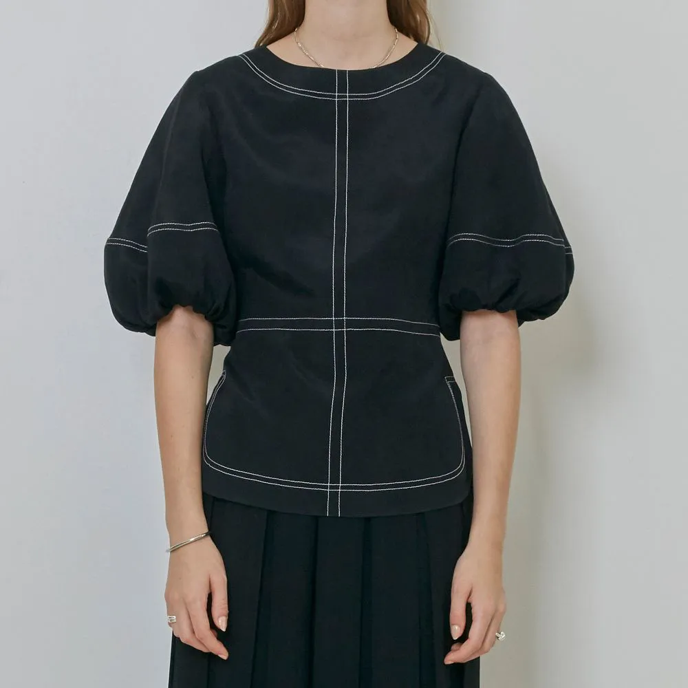 Contrast Topstitching Balloon Sleeved Top