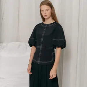 Contrast Topstitching Balloon Sleeved Top