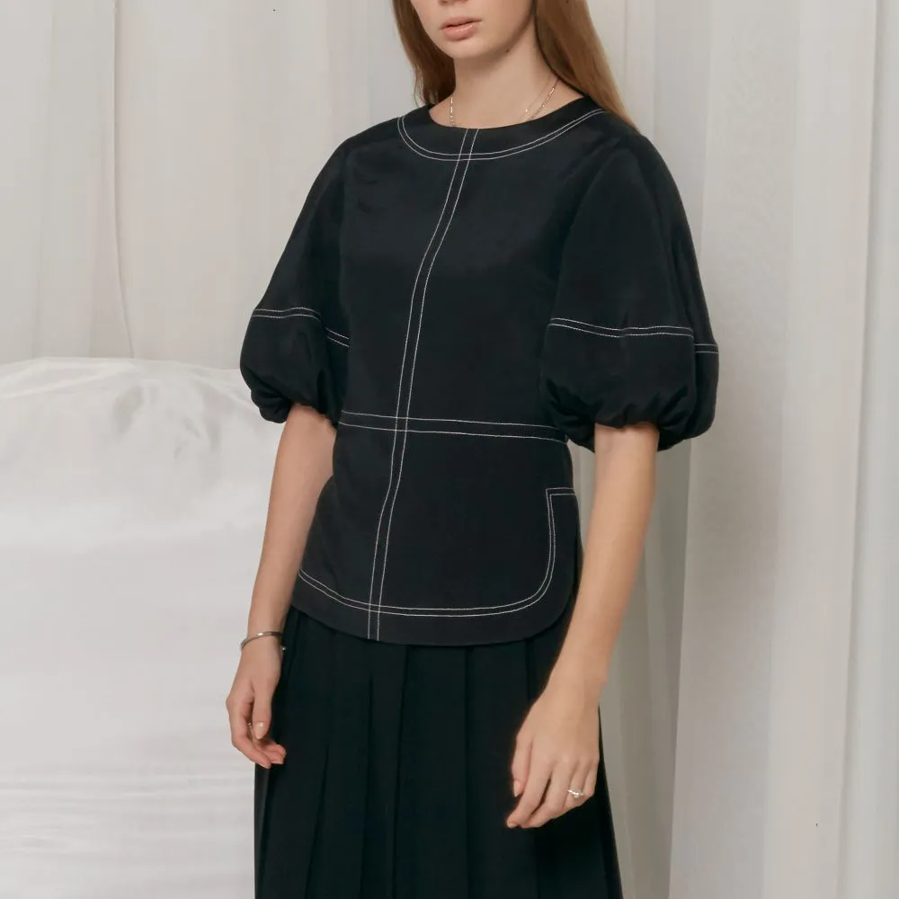 Contrast Topstitching Balloon Sleeved Top