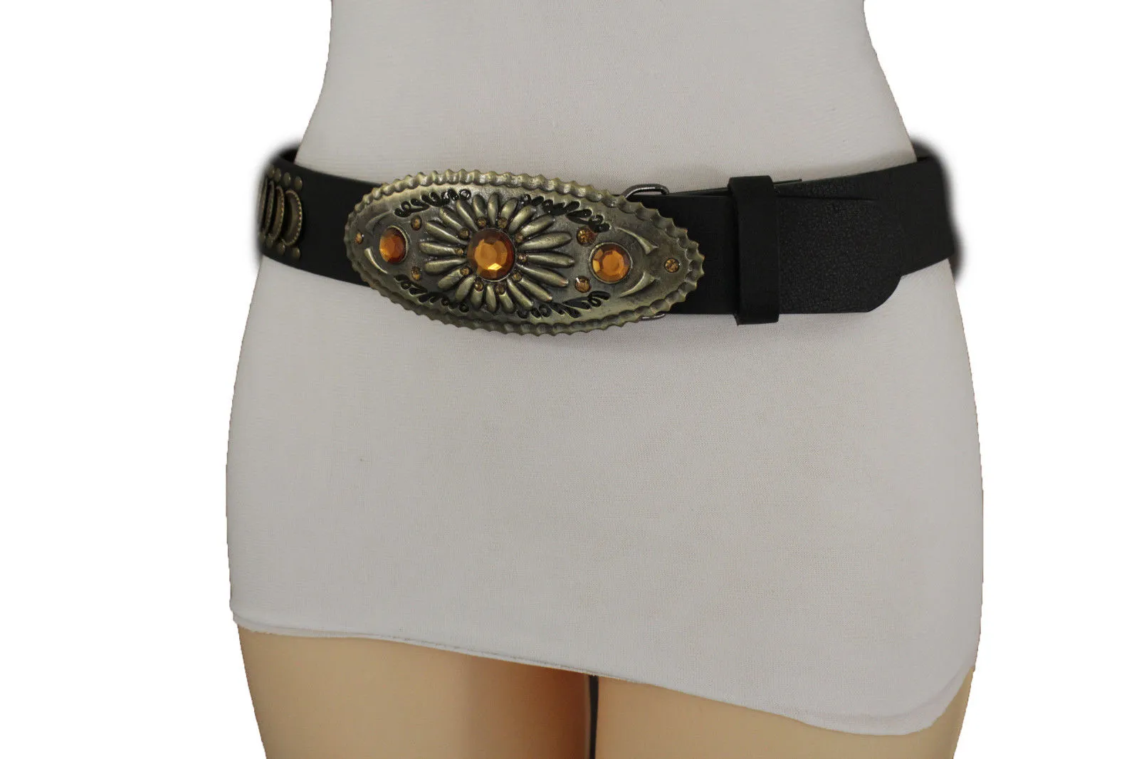Cool Black Faux Leather Belt Antique Gold Metal Buckle Charms M L