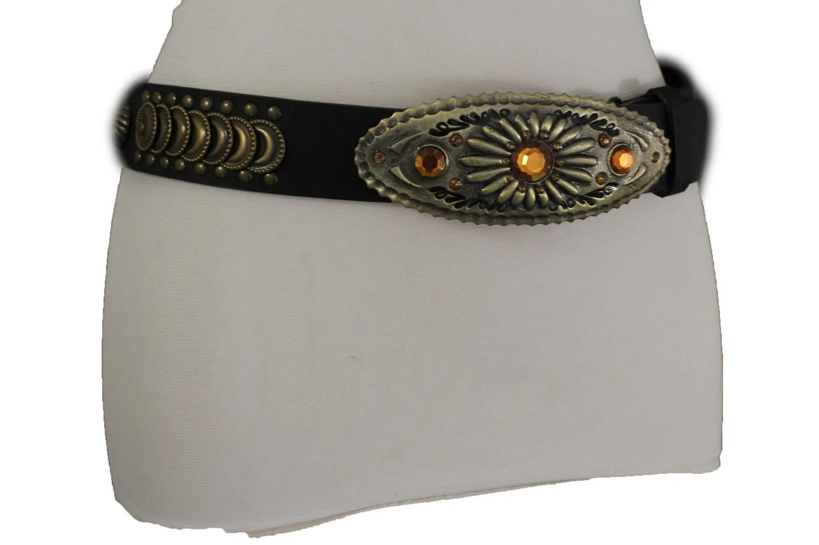 Cool Black Faux Leather Belt Antique Gold Metal Buckle Charms M L