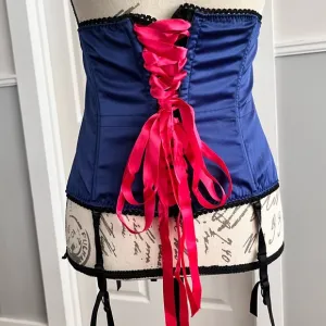 Corset Sexy Little Things Blue Satin Burlesque Under bust Large Hot Pink Lace Up
