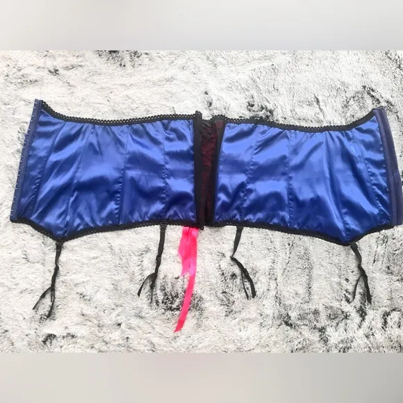 Corset Sexy Little Things Blue Satin Burlesque Under bust Large Hot Pink Lace Up