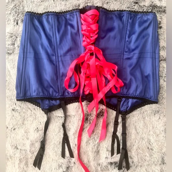 Corset Sexy Little Things Blue Satin Burlesque Under bust Large Hot Pink Lace Up