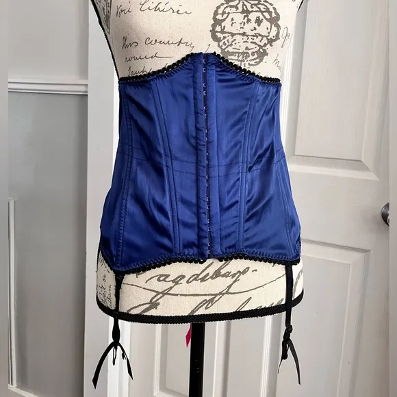 Corset Sexy Little Things Blue Satin Burlesque Under bust Large Hot Pink Lace Up