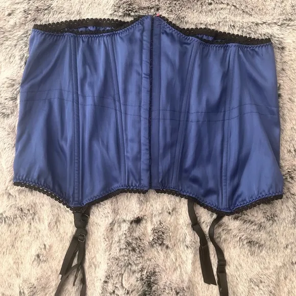 Corset Sexy Little Things Blue Satin Burlesque Under bust Large Hot Pink Lace Up