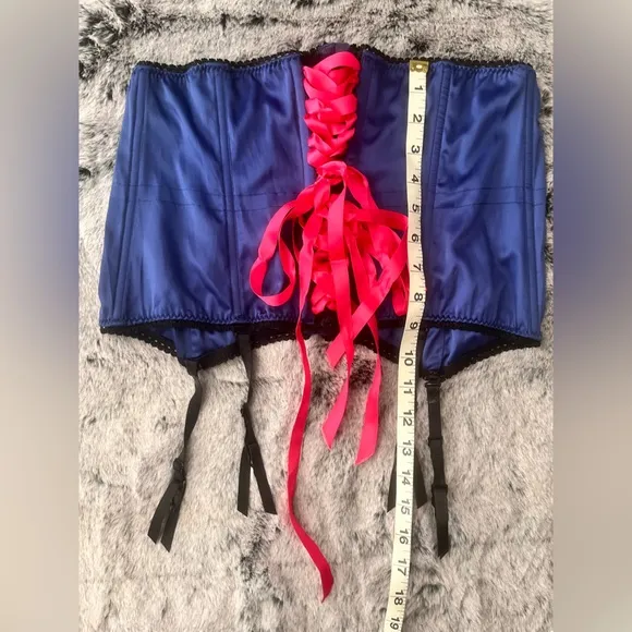 Corset Sexy Little Things Blue Satin Burlesque Under bust Large Hot Pink Lace Up