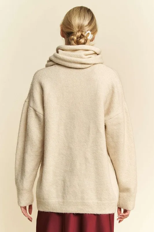 Cream V-Neck Dropped Shoulder Sweater with Scarf