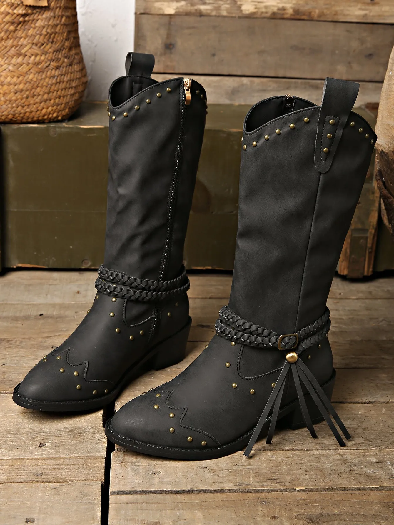 Creamtopmall Rivet belt buckle tassel mid-calf Martin boots
