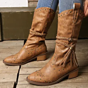 Creamtopmall Rivet belt buckle tassel mid-calf Martin boots