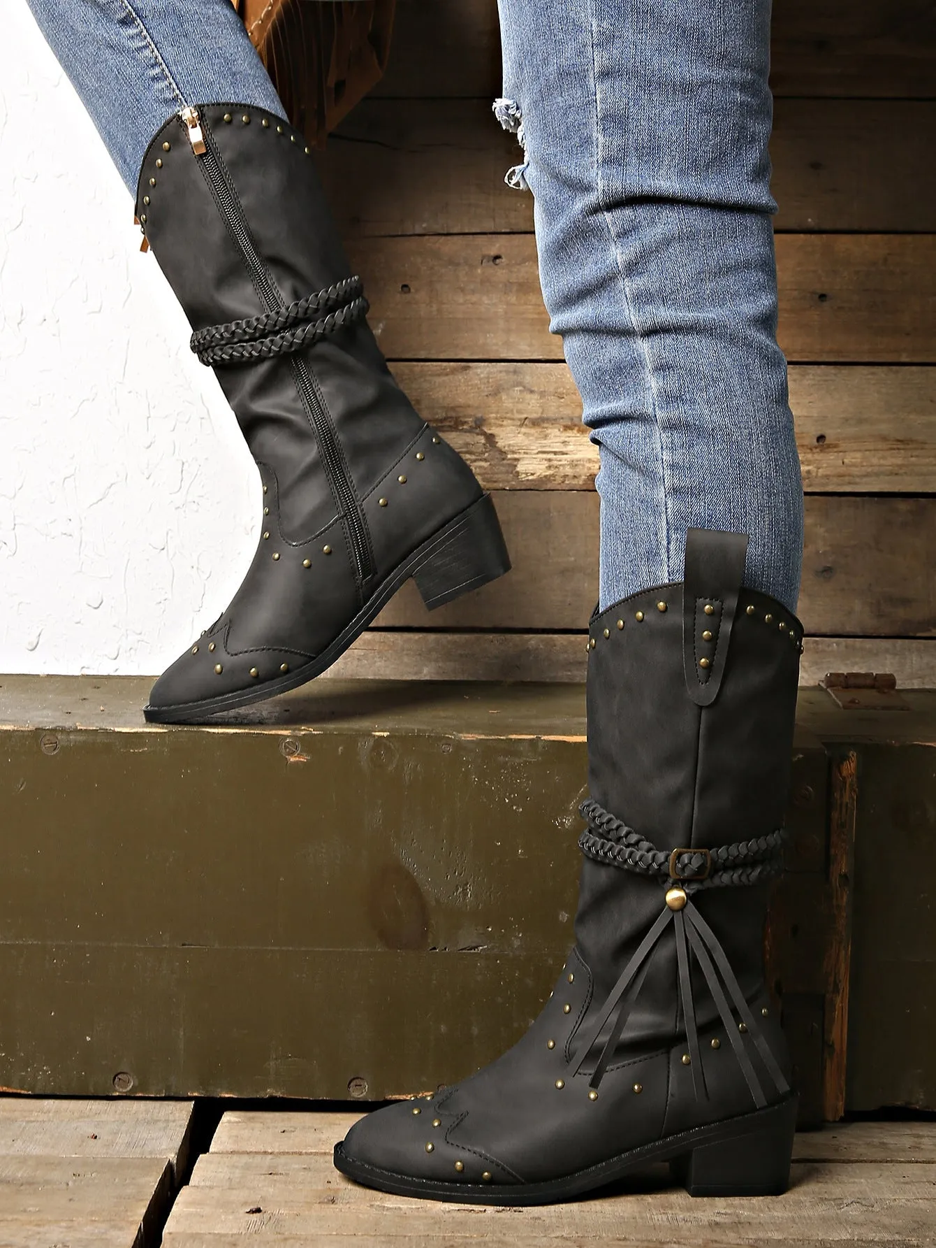 Creamtopmall Rivet belt buckle tassel mid-calf Martin boots