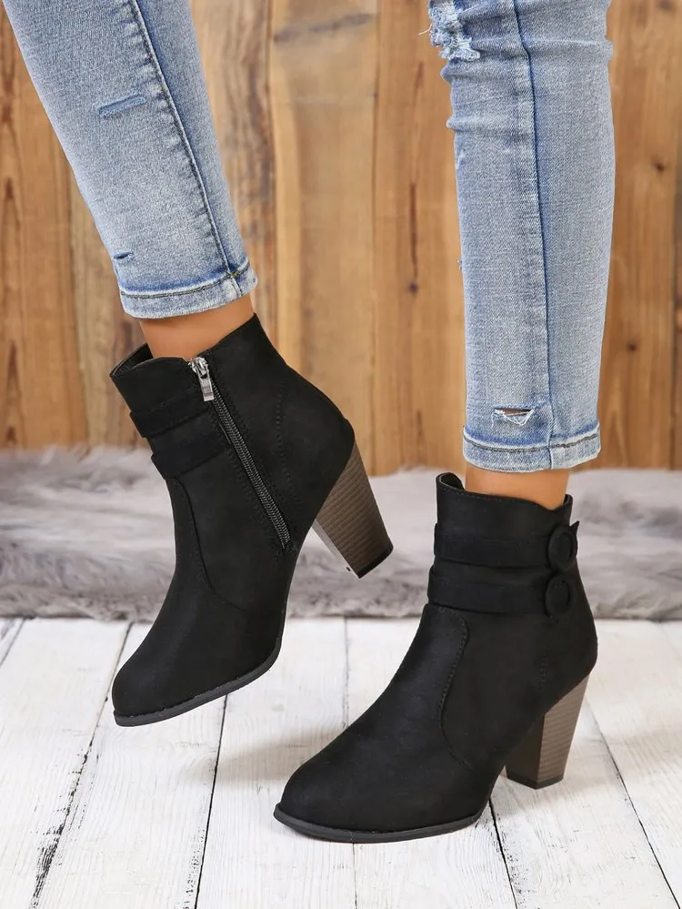 Creamtopmall Suede block heel belt buckle side zip Martin boots