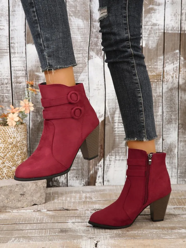 Creamtopmall Suede block heel belt buckle side zip Martin boots