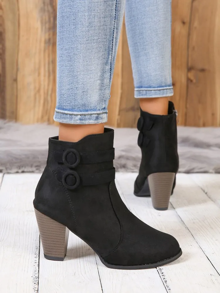 Creamtopmall Suede block heel belt buckle side zip Martin boots