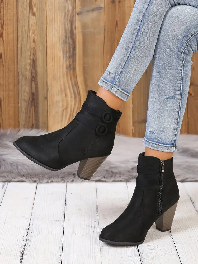 Creamtopmall Suede block heel belt buckle side zip Martin boots