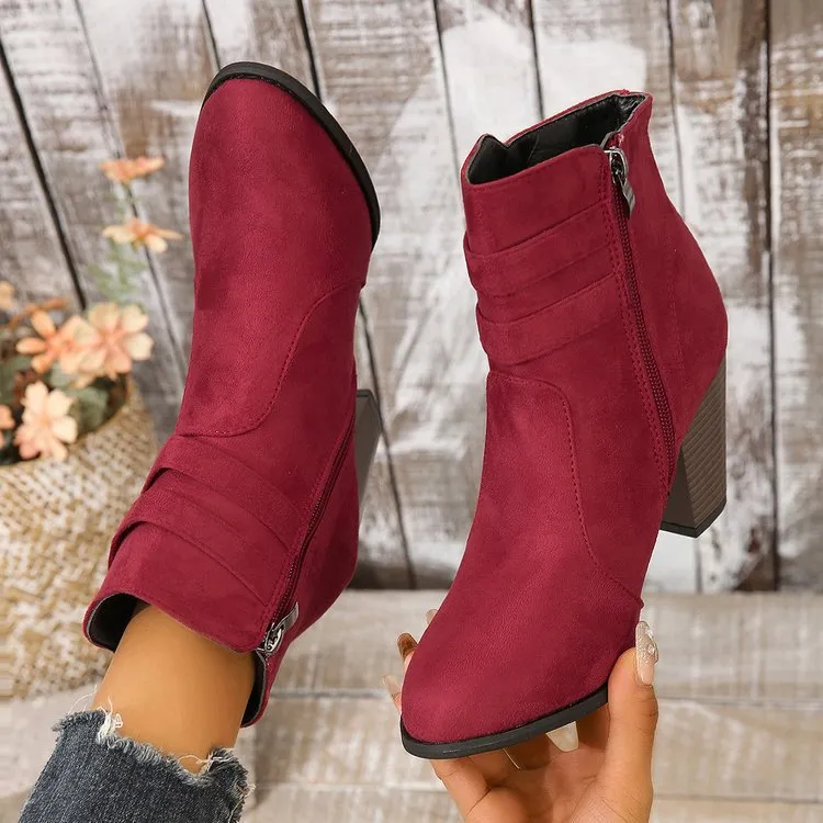 Creamtopmall Suede block heel belt buckle side zip Martin boots