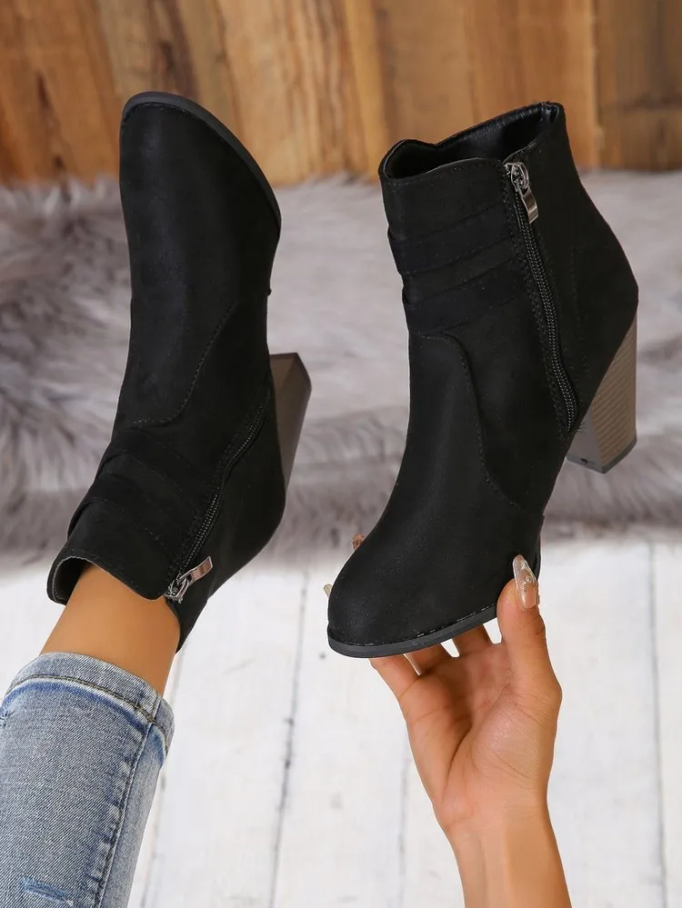 Creamtopmall Suede block heel belt buckle side zip Martin boots