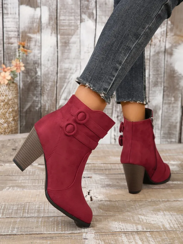 Creamtopmall Suede block heel belt buckle side zip Martin boots