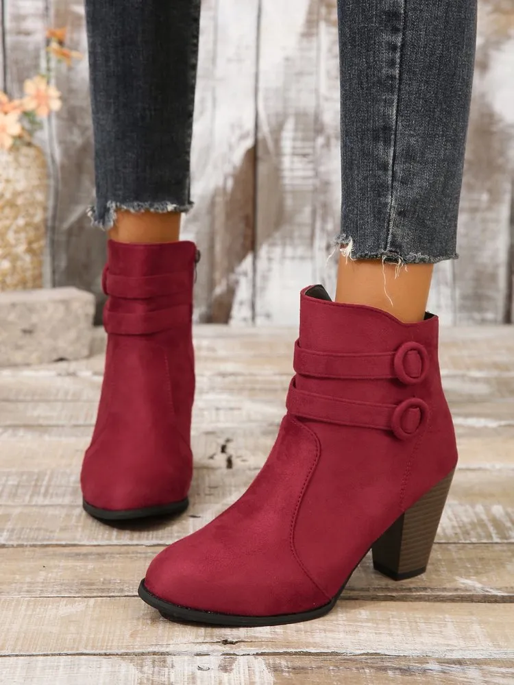 Creamtopmall Suede block heel belt buckle side zip Martin boots