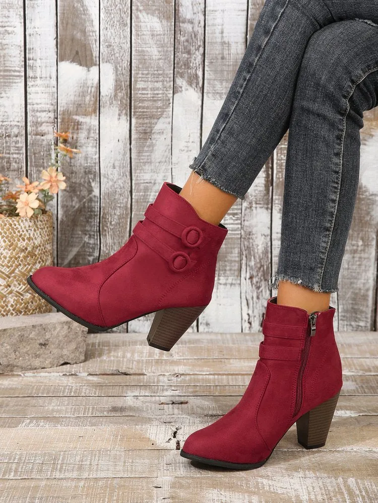 Creamtopmall Suede block heel belt buckle side zip Martin boots