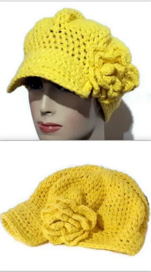 Crochet handmade hat, yellow cotton yarn, crochet beannie with bill, The sun hat