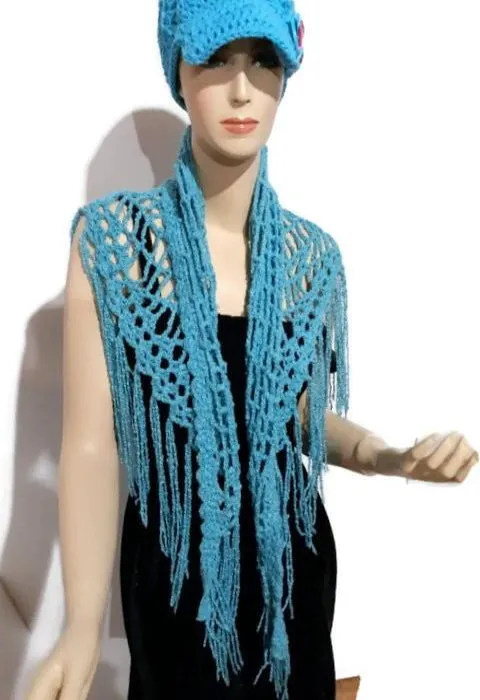 Crochet Peruvian pima cotton shawl, handmade wrap, boho chic, The blue sea shawl