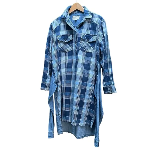 CURRENT ELLIOTT The Twist Denim Hi- Lo Shirt Dress Indigo Plaid Boho Size1