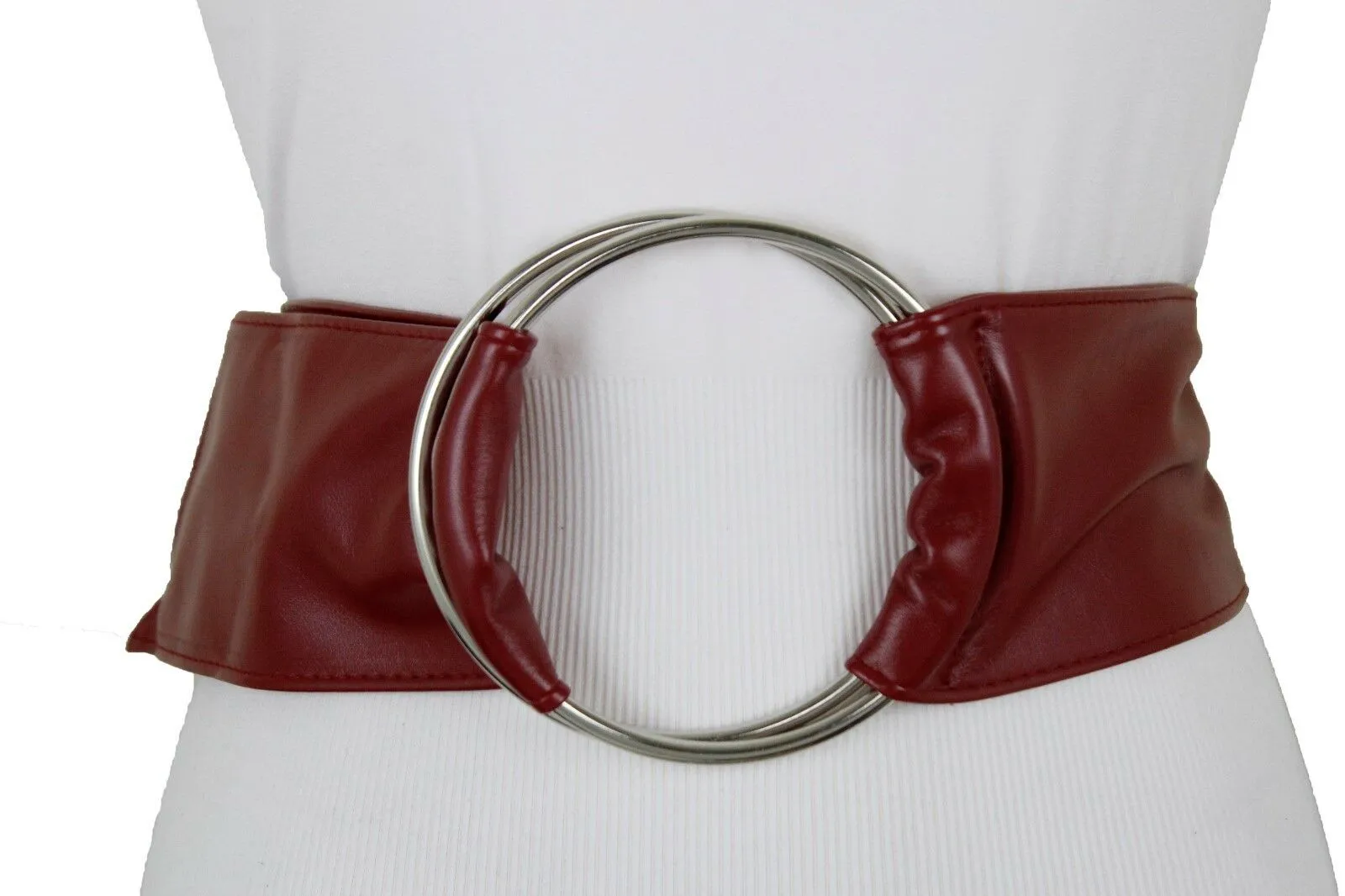 Cute Women Dark Red Wine Burgundy Wide Fabric Band Belt Silver Ring Buckle S M L